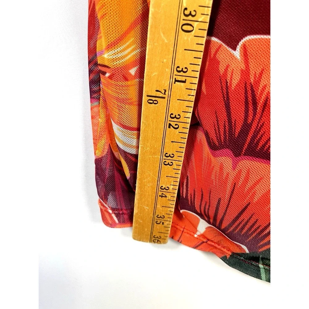 NWT Womens Ruched Peony Floral Midi Skirt L Slit Mesh Strechy Tropical Resort‎